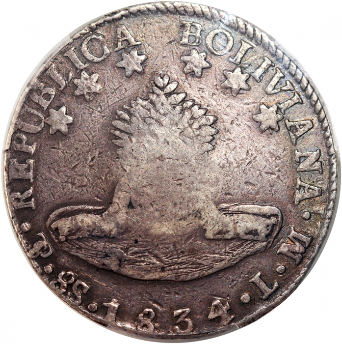  1834-37年西属菲律宾8里尔，PCGS VF20, #42559671 Spanish Philippines, 8 reales, 1834-37, countermarked on Boliv