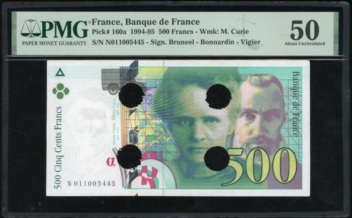  1994-95年法国伍佰法郎，编号N011005445，打洞註销，PMG61，少见 France, 500 francs, 1994-95, serial number N 011005445, ca