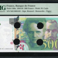  1994-95年法国伍佰法郎，编号N011005445，打洞註销，PMG61，少见 France, 500 francs, 1994-95, serial number N 011005445, ca