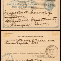  1894年美国2美分邮资片华盛顿寄上海，机盖华盛顿9月20日七线戳，经旧金山9月25日中转，进口上海美国客邮局10月12日戳，落地盖上海1894年10月26日海关到达蓝色日戳