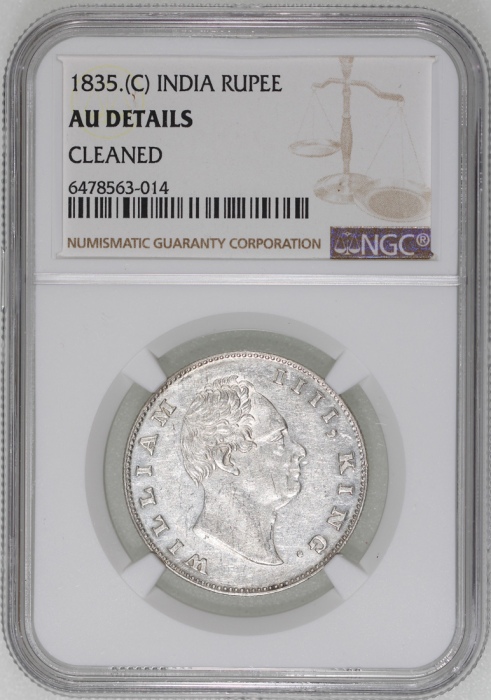  1835C英属印度1卢比，NGC AU Details有清洗，#6478563-014 India, silver rupee, 1835(C), NGC AU Details (Cleaned), 