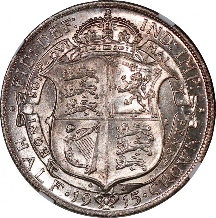  1915年英国半克朗银币，NGC MS65，#6469742-008 Great Britain, silver 1/2 crown, 1915, NGC MS65 #6469742-008.