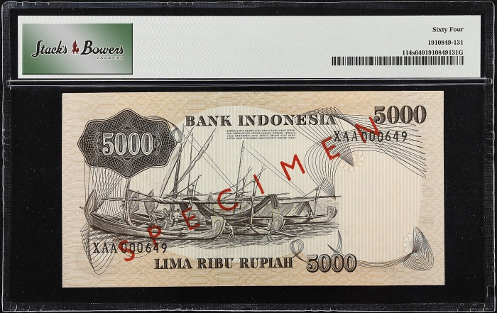  1975年印度尼西亚银行5000卢比 PMG Choice Unc 64 INDONESIA. Bank Indonesia. 5000 Rupiah