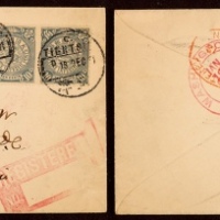  1911年天津寄美国挂号封，西式封正贴蟠龙10分双连，国际挂号信函邮资20分，销天津12月18日英汉（中框英文日期）腰框式“C”型日戳