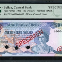  1983年贝里斯一佰圆样票，编号X/1 000000，PMG67EPQ，少见 Central Bank of Belize, specimen $100, 1983, serial number X/