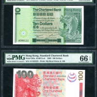  1980及2003年渣打银行10元及100元，编号A386110及AV322222，PMG分别评64及66EPQ The Chartered Bank and Standard Chartered B