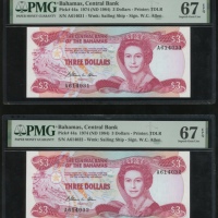  1974（1984）年巴哈马叁圆五枚连号，编号A614031-035，均PMG67EPQ（5） The Central Bank of Bahamas, a consecutive group of 