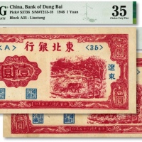  民国三十五年（1946年）东北银行壹圆共2枚，辽东地名，色彩浓艳，原汁原味，八五至九成新