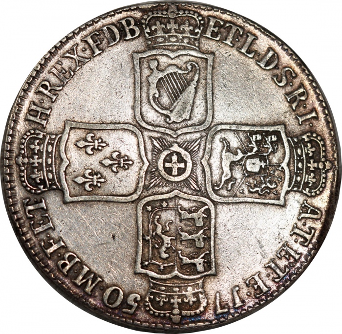  1750年英国1/2克朗银币，佐治二世，EF至AU，币边带深调包浆 United Kingdom, silver 1/2 crown, 1750, King George II on obverse,