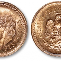  墨西哥1945年2-1/2比索铜币一枚，金盾PCGS MS67（85925420）