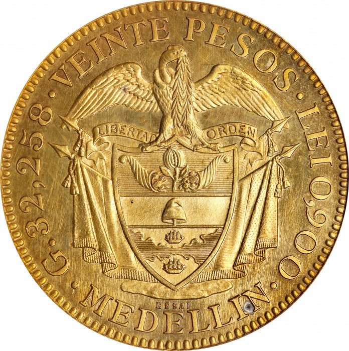  1873年哥伦比亚20比索金币 PCGS SP 62 COLOMBIA. Gold 20 Pesos Essai