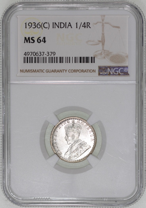  1936(C)英属印度1/4卢比，NGC MS64，#4970637-379 India, British, silver ¼ rupee, 1936 (C), Calcutta mint, NGC 