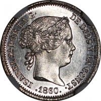  1860及1905年西班牙一组2枚，详见图示及请参考英文描述 Spain, a pair of silver reals and 2 pesetas, 1860 and 1905, graded NG