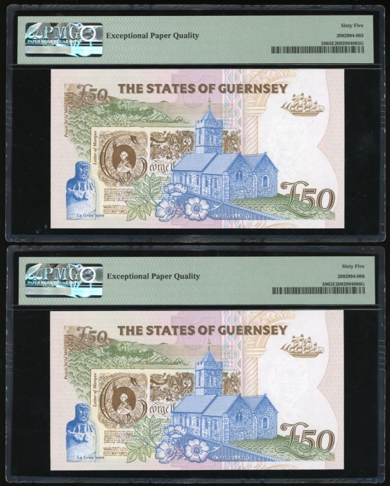  1996年根西伍拾镑两枚连号，编号A185437-8，均PMG65EPQ（2） Guernsey, a consecutive pair of £50, serial number A185437-8