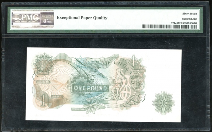  1962-66年英国一镑，「幸运」编号A99X 888888，PMG67EPQ，少见！ Bank of England, Great Britain, £1, ND (1962-66), solid 