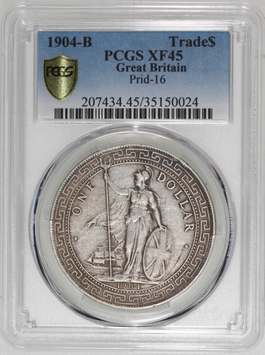  1904-B英国贸易银元，PCGS XF45，#35150024 Great Britain, silver $1, 1904-B, Trade dollar, PCGS XF45. Cert.# 3