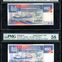  1987年新加坡伍拾圆一组两枚，均Z/1补号票，PMG58-64（2） Singapore, replacement $50 (2), ND (1987), prefix Z/1, (Pick 22a