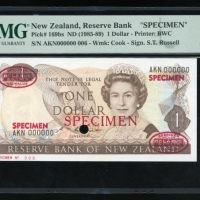  1985-89年纽西兰一圆样票，编号AKN000000，PMG67EPQ，少见 Reserve Bank of New Zealand, specimen $1, ND (1985-89), seri