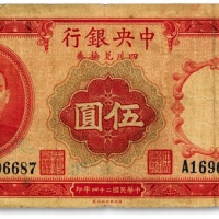 民国二十四年（1935年）中央银行四川兑换券伍圆，重庆地名，色彩浓郁，包浆醇厚，原汁原味，海外回流，七五成新