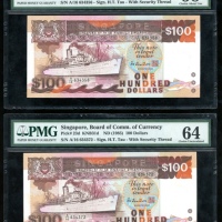  1985年新加坡一佰圆一组两枚，编号A/16 634372及A/16 634356，均PMG58-64（2） Singapore, a pair of $100, ND(1985), serial n