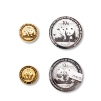  2009-2010中国农业银行股份有限公司成立熊猫加字币1/4盎司金币二枚、1盎司银币二枚，共一组二套
