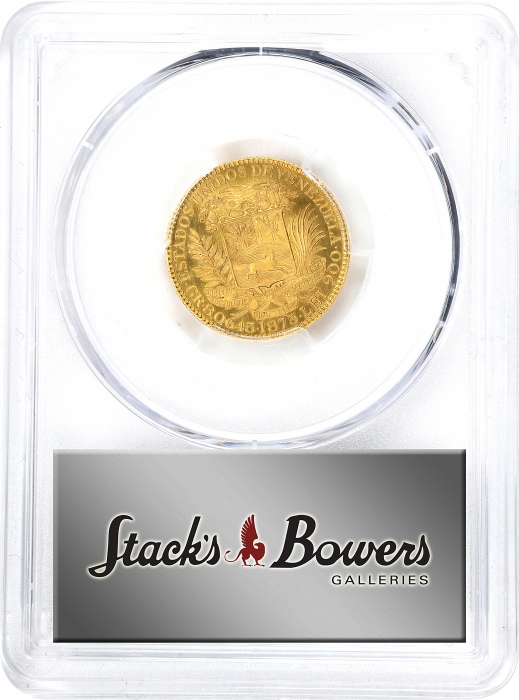  1875年委内瑞拉金币 PCGS SP 65 VENEZUELA. Gold 5 Venezolanos Essai