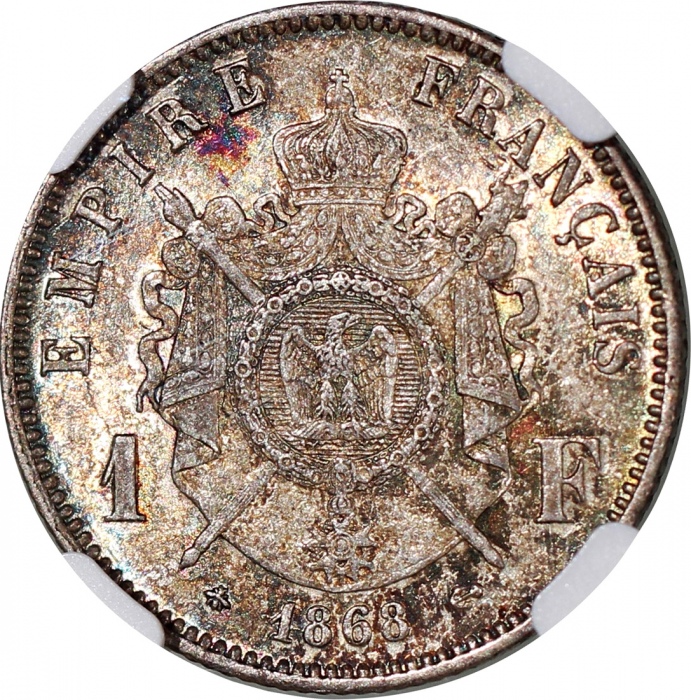  1868A法国1法郎银币，NGC MS61，#5904377-047 France, silver franc, 1868A, NGC MS61, #5904377-047.