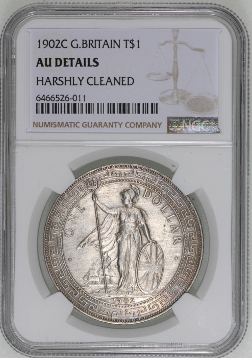  1902C英国贸易银元，NGC AU Details有严重清洗，#6466526-011 Great Britain, silver trade dollar, 1902C, NGC AU Detai