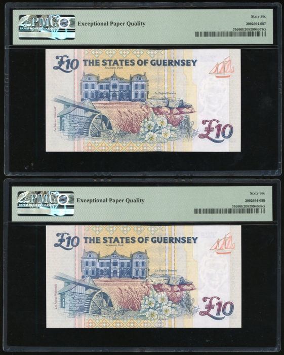  1995年根西拾镑两枚连号，编号F600657-58，均PMG66EPQ（2） Guernsey, a consecutive pair of £10, ND(1995), serial number