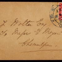  1898年烟台寄朝鲜济物浦封，贴蟠龙2分一枚