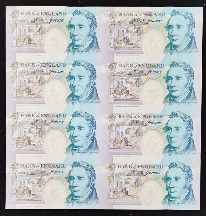  1996年英国伍镑八连体纪念钞，同编号00406，发行量5000册，带原册，UNC Bank of England, Great Britain, a sheet of 8x £5, ND (1996