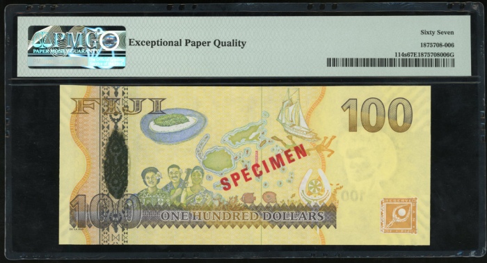  2007年斐济一佰圆样票，编号CA000000，PMG67EPQ Fiji, Reserve Bank, $100, specimen, ND (2007), serial number CA0000