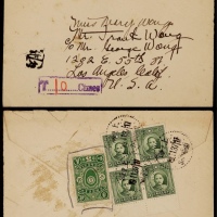  1937年上海寄美国欠资封，小型西式封正分盖“T型欠资”黑色戳、“T（10）ctmes”欠资手填框紫色戳各一枚