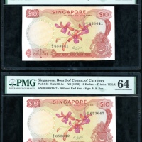  1972年新加坡拾圆两枚连号，兰花系列，编号B/4635641-2，均PMG64（2） Singapore, a consecutive pair of $10, ND(1972), Orchid s