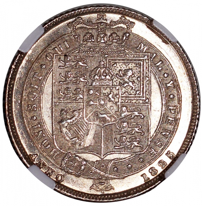  英国1825年6便士及1824年1先令，NGC MS65及AU55，#2885392-007及#2885392-005 Great Britain, silver 6 pence, 1825 and 