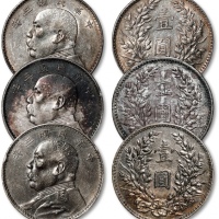  民国三年袁世凯像壹圆银币共三枚，打制规范清晰，深酱彩及淡金色包浆，带底光，分别为金盾PCGS VF Detail、XF Detail、AU50（87564457、87564465、87564421）