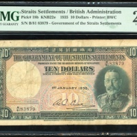  1935年肋屿押国库银票拾圆，编号B/81 83879，PMG20，有修补 Straits Settlements, $10, 1935, serial number B/81 83879, (Pic