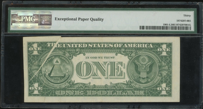  1963年美国一圆错体，摺白，编号L46022657C，PMG30EPQ United States, Federal Reserve Note, San Francisco, $1, ERROR N