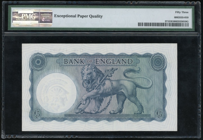  1957-67年英国伍镑，编号C98 147292，PMG53EPQ Bank of England, £5, ND(1957-67), serial number C98 147292, (Pick