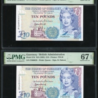  1995年根西拾镑两枚连号，编号F600634-35，均PMG67EPQ（2） Guernsey, a consecutive pair of £10, ND(1995), serial number