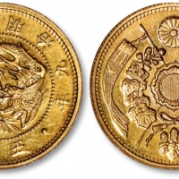  日本明治九年五圆金币一枚，设计美观，打制清晰规范，镜面底板，品相极佳，完全未使用品