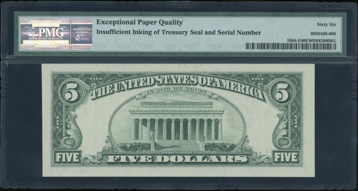  1995年美国伍圆错体，编号及印章漏印，PMG66EPQ United States, Federal Reserve Note Richmond, ERROR $5, 1995, serial nu