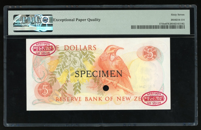  1985-89年纽西兰伍圆样票，编号JGW000000，PMG67EPQ, 少见 Reserve Bank of New Zealand, specimen $5, ND (1985-89), ser