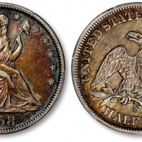  美国1858年拿旗半美元银币一枚，整体图案清晰，原味厚重酱彩包浆，金盾PCGS XF Detail（8115300）