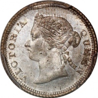  1866年香港维多利亚五仙，PCGS MS65+，#46484295，4枚带+级之一，币身细节清晰易见