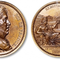  法国雕刻家“Michaut”纪念“国王查理十世诞辰”铜章一枚，高浮雕，工艺精美，金盾 PCGS SP64（85932800）