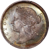  1872/68-H香港维多利亚二毫，1872年连骑字版总发行量為64000枚，PCGS MS65，#46484176，与前一项拍品相比，本品包浆无疑更為鲜艷突出，背面尤甚，另一枚不可多得之珍品