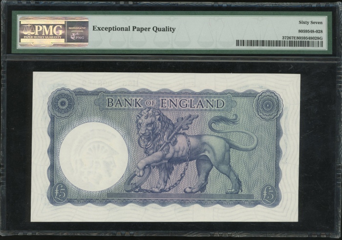  1961-63年英国伍镑，编号H96 808559，PMG67EPQ Great Britain, Bank of England, £5, ND(1961-63), serial number H9