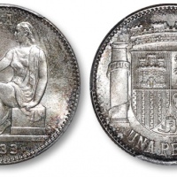  西班牙1933年1比赛塔银币一枚，打制规范深峻，浮雕感强烈，细节分明，原味欧洲五彩包浆，底光丝滑柔亮，状态一流，品相顶级，金盾PCGS MS66（80967560）为此公司此品种仅五枚之第一名分数