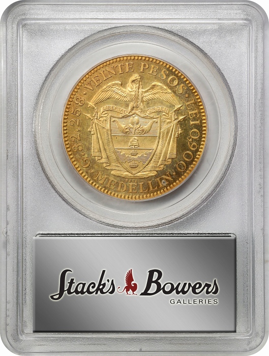  1873年哥伦比亚20比索金币 PCGS SP 62 COLOMBIA. Gold 20 Pesos Essai